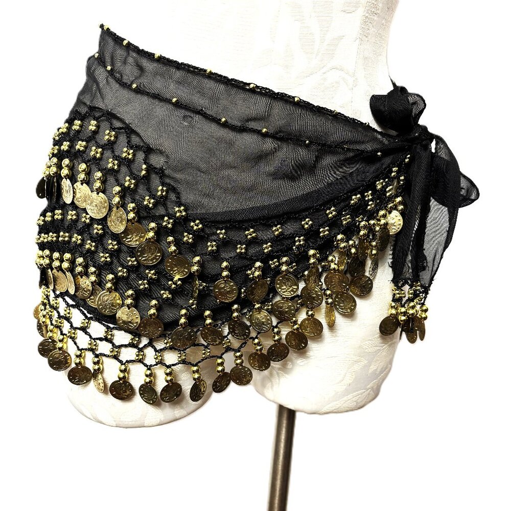 Black Belly Dance Hip Scarf with Three rows of Gold Coins